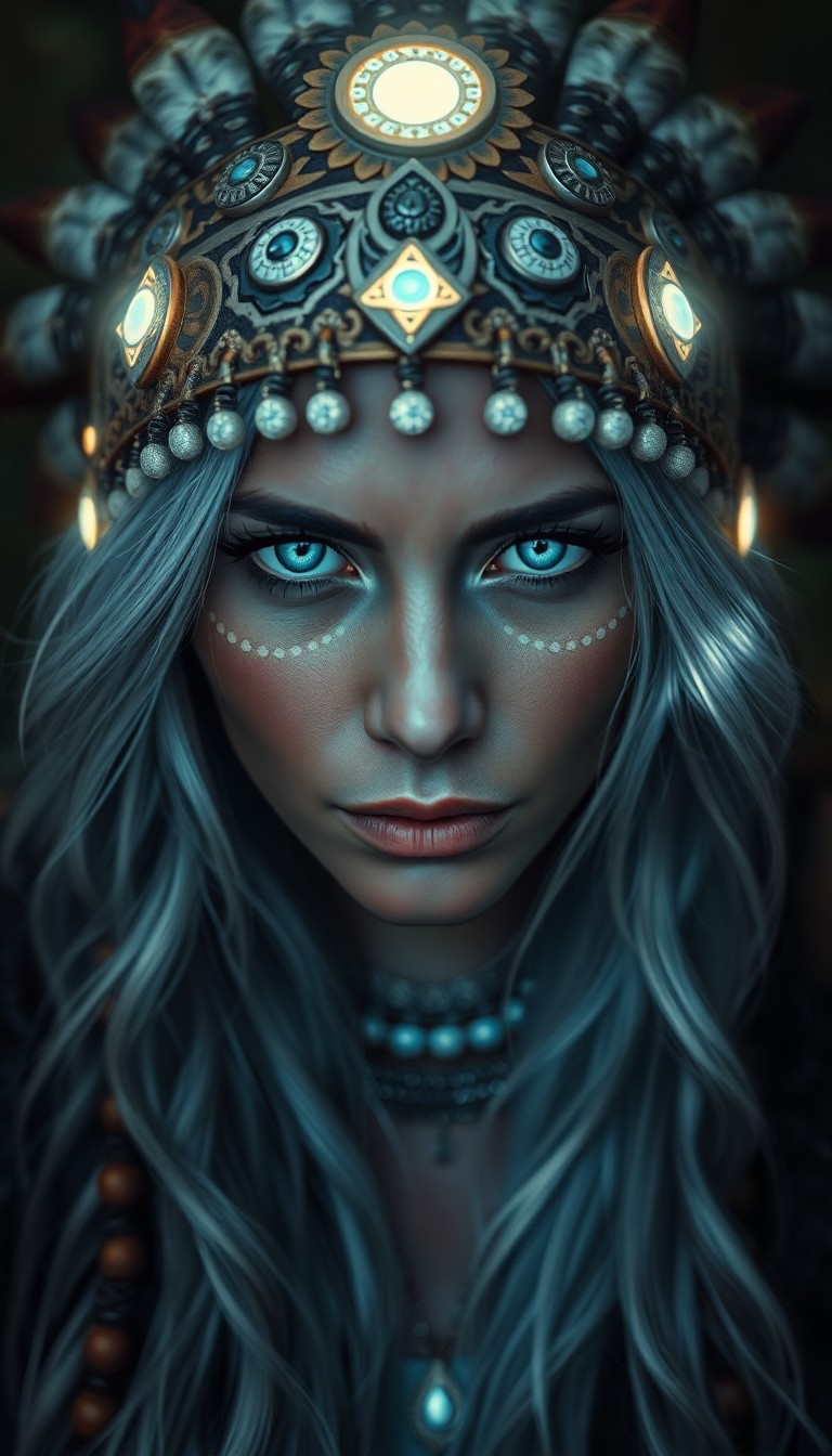 AI generated art for prompt: Craft a hyperrealistic portrait of an enigmatic Native American seeress with piercing blue eyes and 