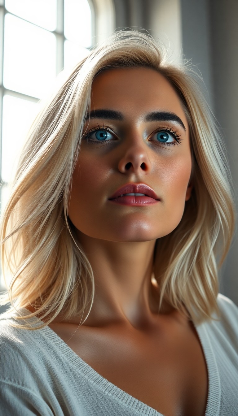 AI generated art for prompt: A photorealistic portrait depicts a Hispanic woman with captivating ice-blue eyes and platinum blond