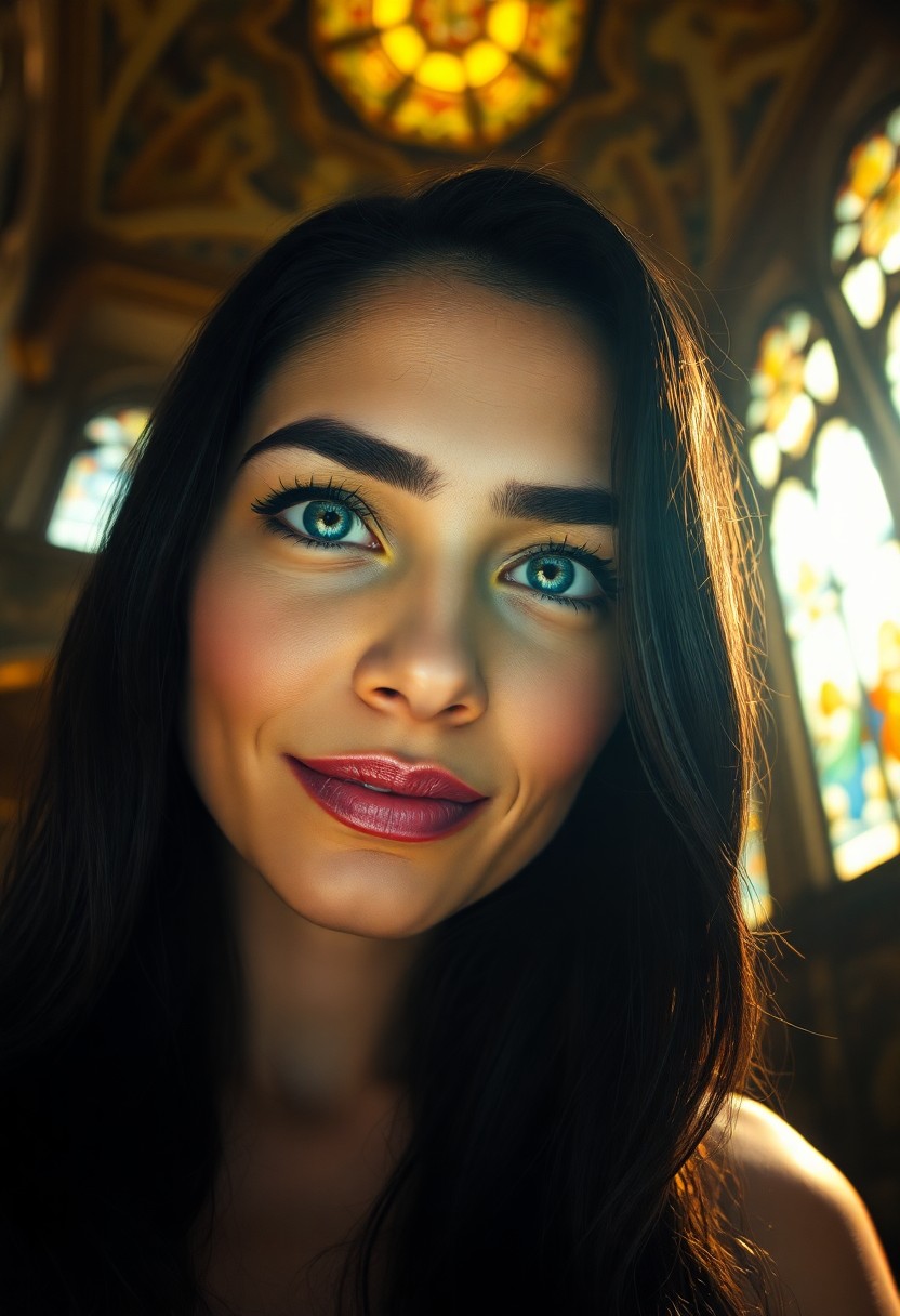 AI generated art for prompt: A captivating portrait photograph reveals a serene yet enigmatic Hispanic woman with piercing blue e