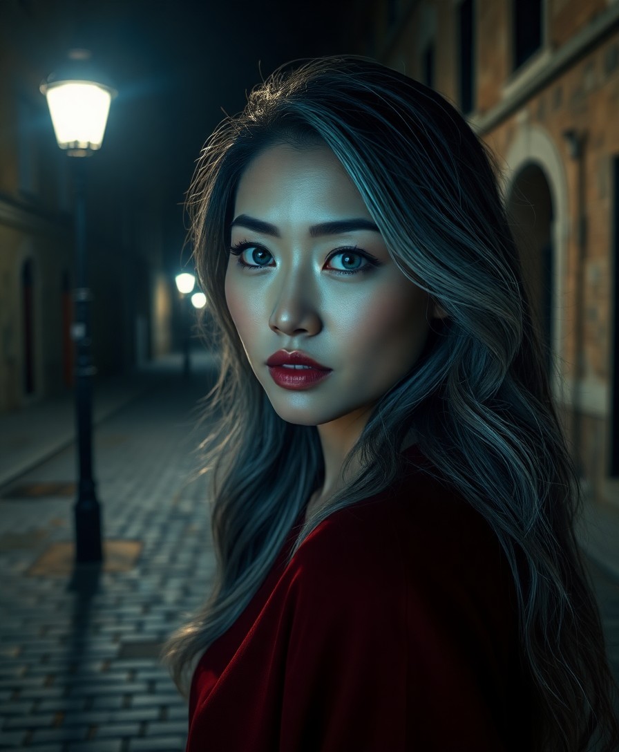 AI generated art for prompt: Envision a photorealistic portrait of an East Asian woman in her forties with piercing blue eyes and