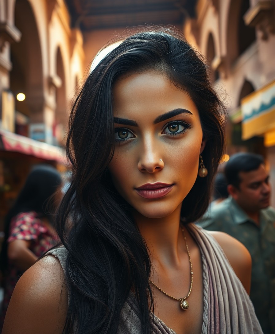 AI generated art for prompt: Imagine a captivating portrait of a Middle Eastern woman with lush dark hair and enchanting hazel ey