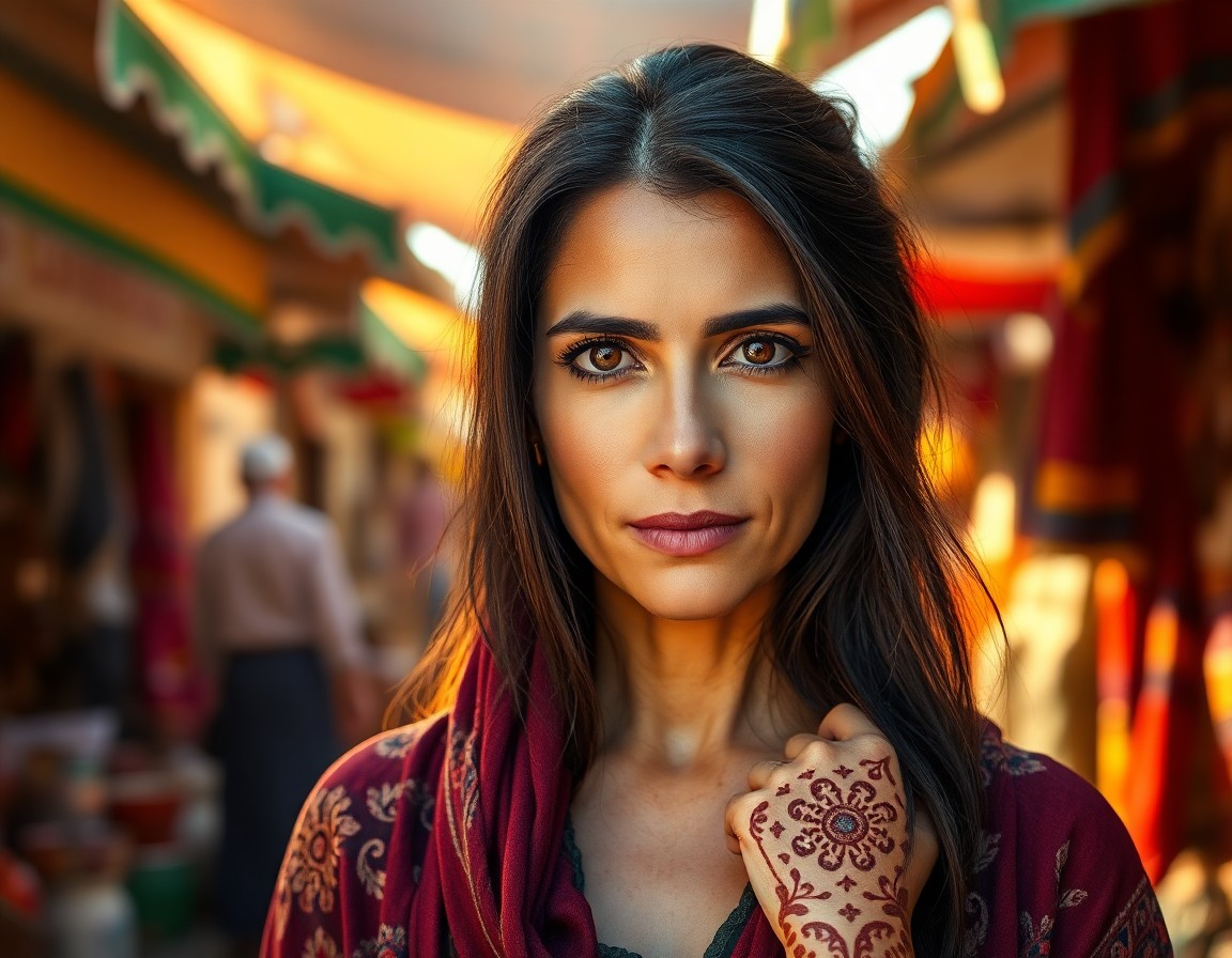 AI generated art for prompt: A photorealistic portrait photograph showcases a 45-year-old Middle Eastern woman, her lustrous dark