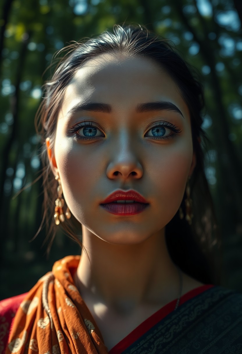 AI generated art for prompt: Envision a captivating portrait photograph of an East Asian woman with piercing blue eyes and fair s