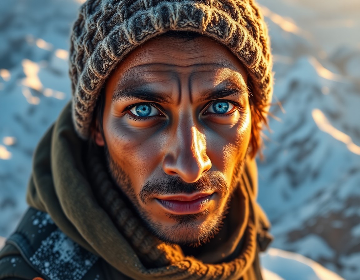 AI generated art for prompt: Visualize an ultrarealistic portrait of a South Asian adventurer with piercing blue eyes and rugged 