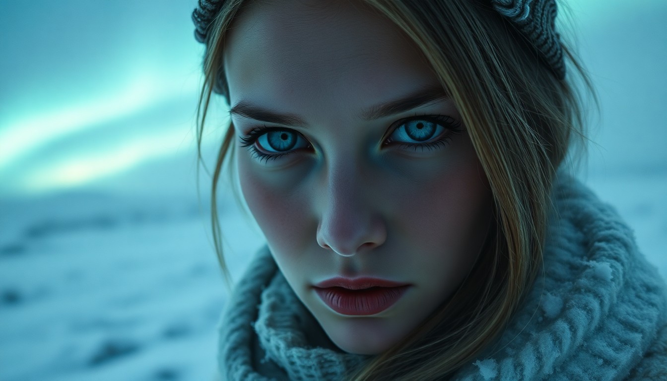 AI generated art for prompt: An ultrarealistic portrait showcases a young Slavic woman's piercing ice-blue eyes, her intense gaze