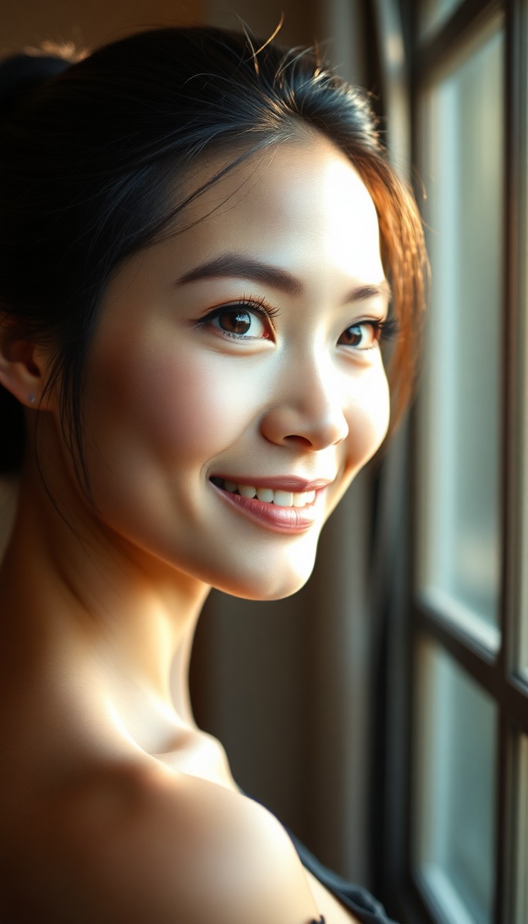 AI generated art for prompt: A captivating portrait photograph showcases an enchanting East Asian woman with deep brown eyes and 