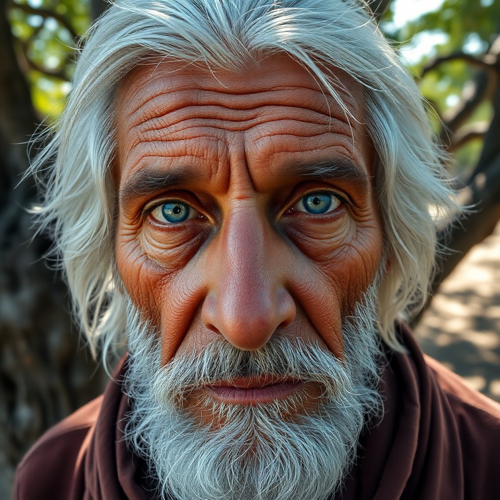 AI generated art for prompt: A photorealistic portrait of a Middle Eastern elder with piercing blue eyes and silver-white hair, c