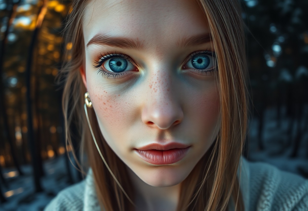 AI generated art for prompt: A captivating hyperrealistic portrait showcases a Nordic woman's enigmatic allure, her striking ice-