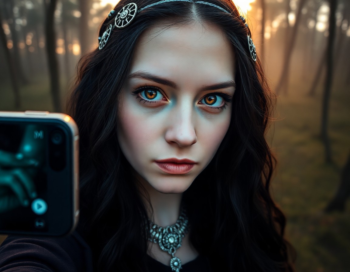 AI generated art for prompt: A smartphone camera captures a photorealistic portrait of an enigmatic Slavic sorceress with piercin