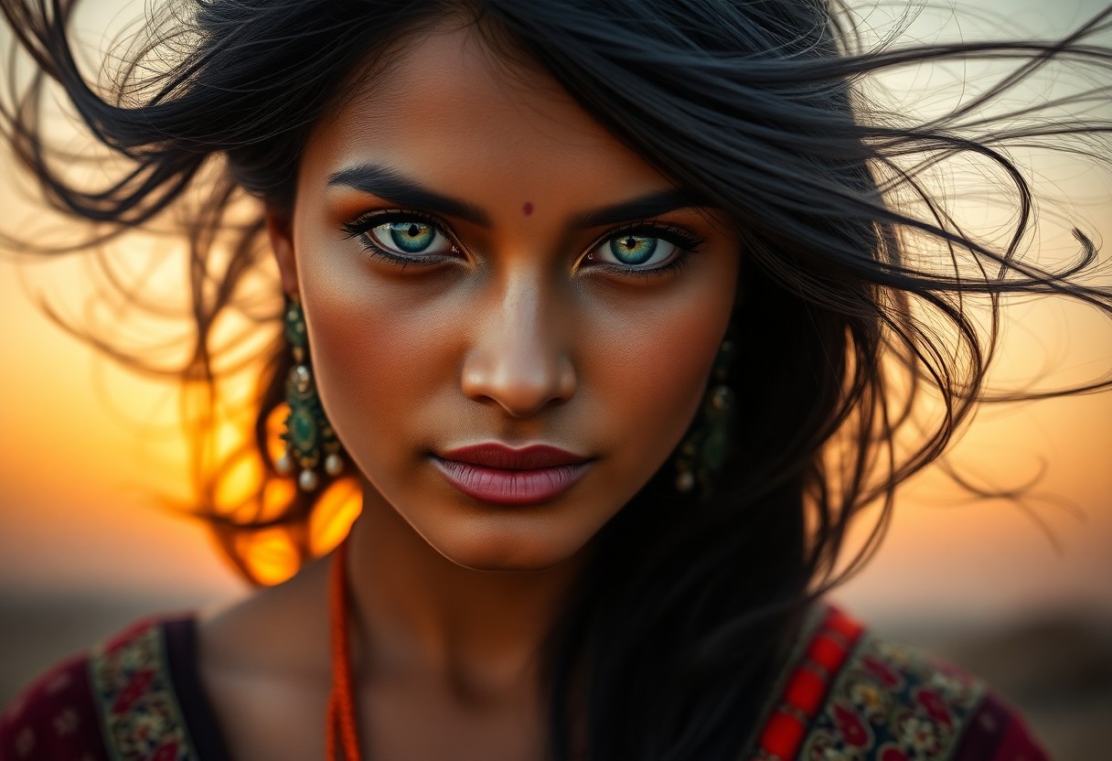 AI generated art for prompt: Craft an ultrarealistic fine art portrait of a South Asian woman with mesmerizing green eyes and flo