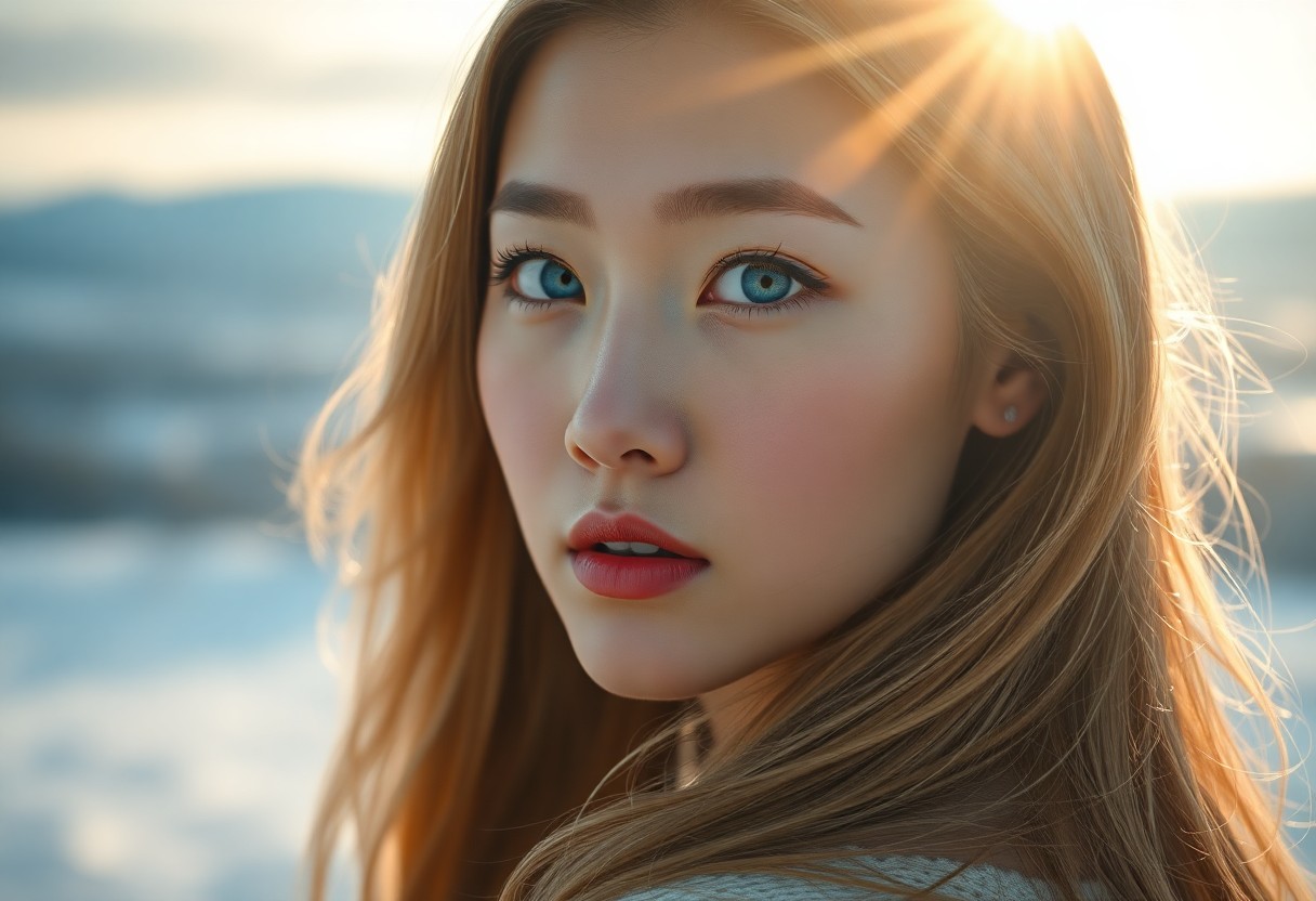 AI generated art for prompt: A portrait photograph showcases an East Asian woman with piercing blue eyes and golden locks cascadi