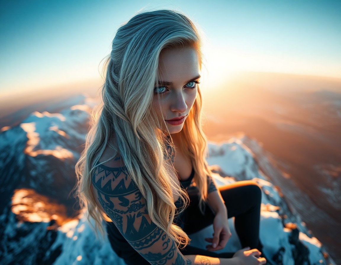 AI generated art for prompt: A captivating portrait photo presents an enigmatic Nordic woman with piercing ice-blue eyes and long