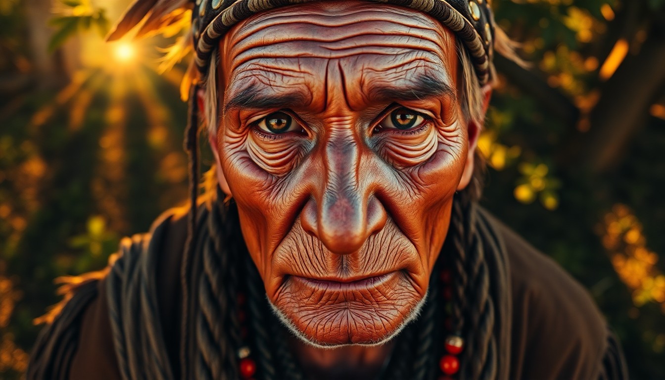 AI generated art for prompt: A photorealistic portrait captures the enigmatic spirit of a Native American elder, their deep-set a