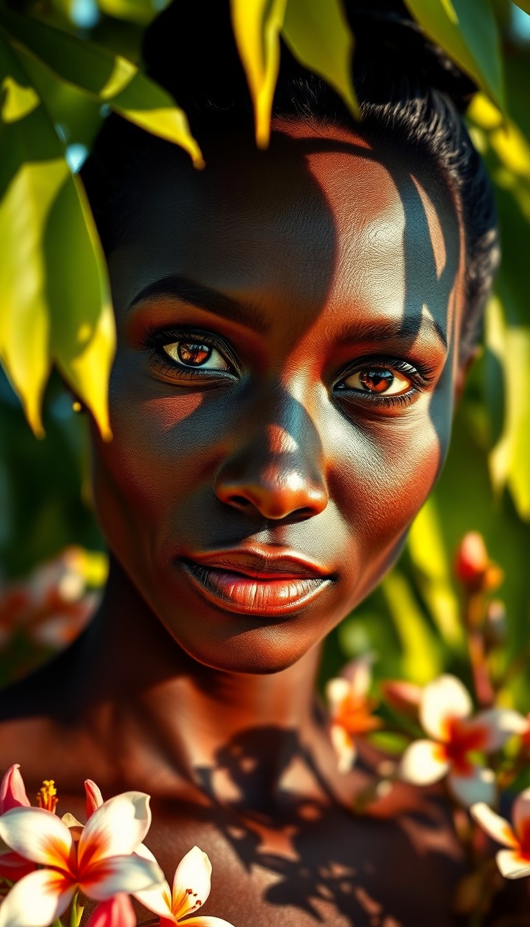 AI generated art for prompt: Visualize a photorealistic portrait of an enigmatic 45-year-old African woman with captivating almon