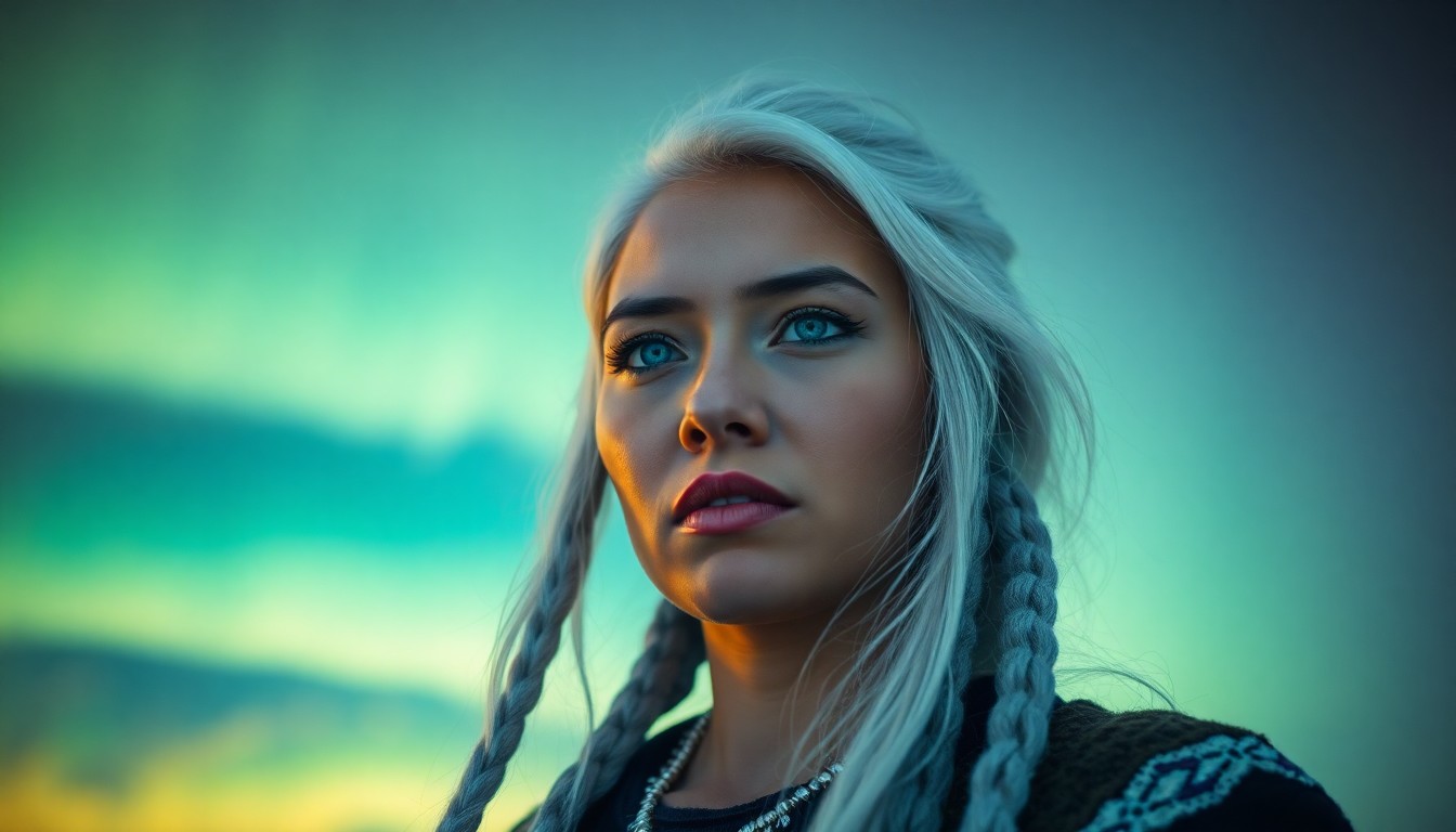 AI generated art for prompt: A portrait photograph showcases an enigmatic Native American woman with piercing ice-blue eyes and p