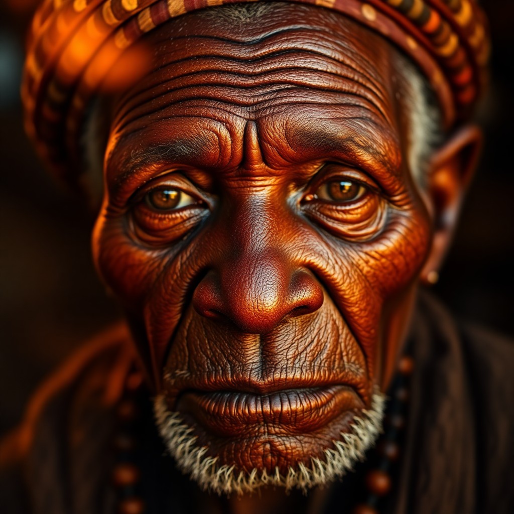 AI generated art for prompt: Craft a hyperrealistic portrait of an African tribal elder with weathered skin and deep, soulful eye