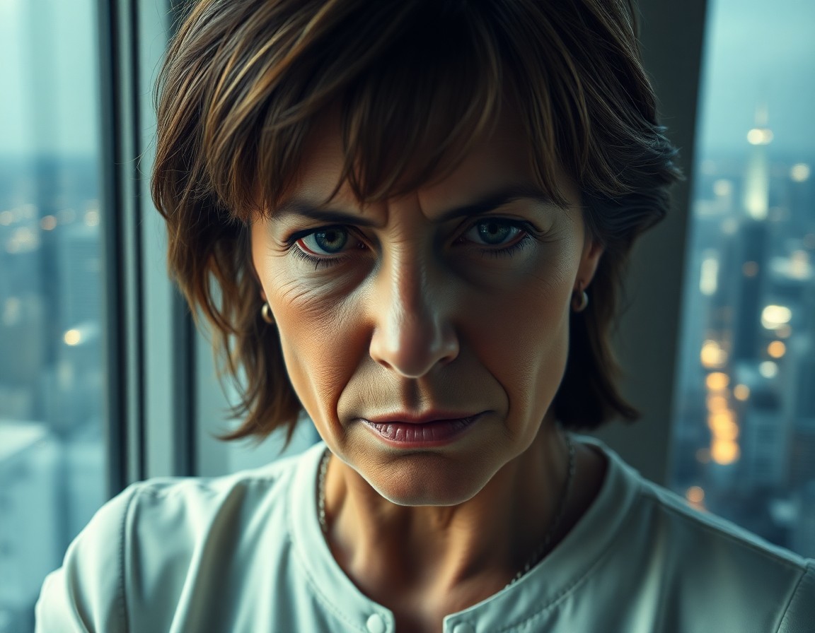 AI generated art for prompt: A photorealistic close-up portrait depicts a middle-aged woman with an intense gaze, her expression 