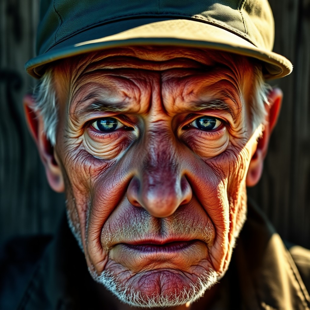 AI generated art for prompt: Craft a photorealistic portrait photograph capturing the intense gaze and rugged features of an aged