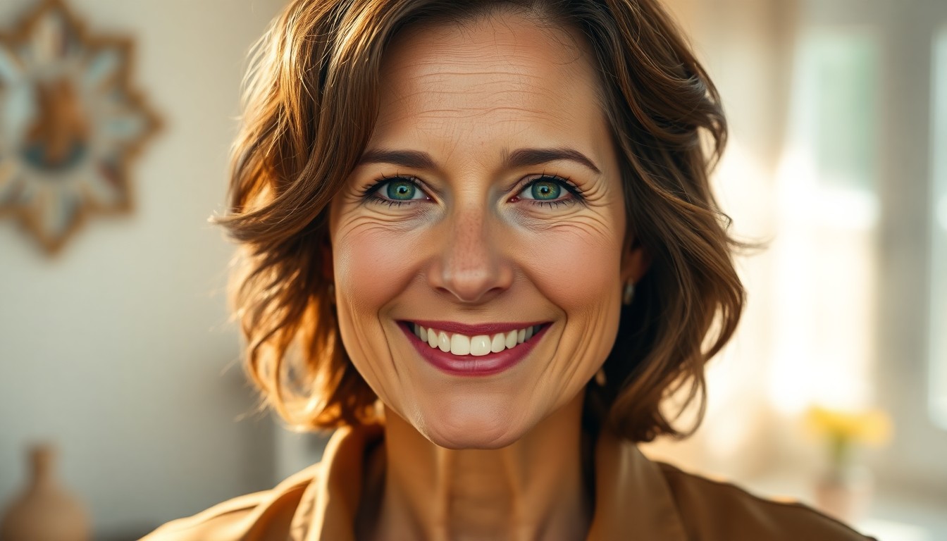 AI generated art for prompt: Craft a photorealistic digital portrait of a middle-aged woman beaming with an inviting smile. Her e