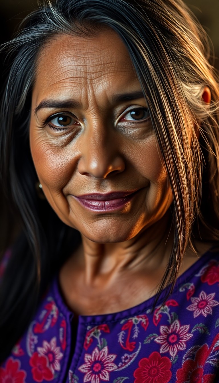 AI generated art for prompt: A photorealistic portrait photograph showcases a middle-aged woman with olive skin, dark brown eyes,