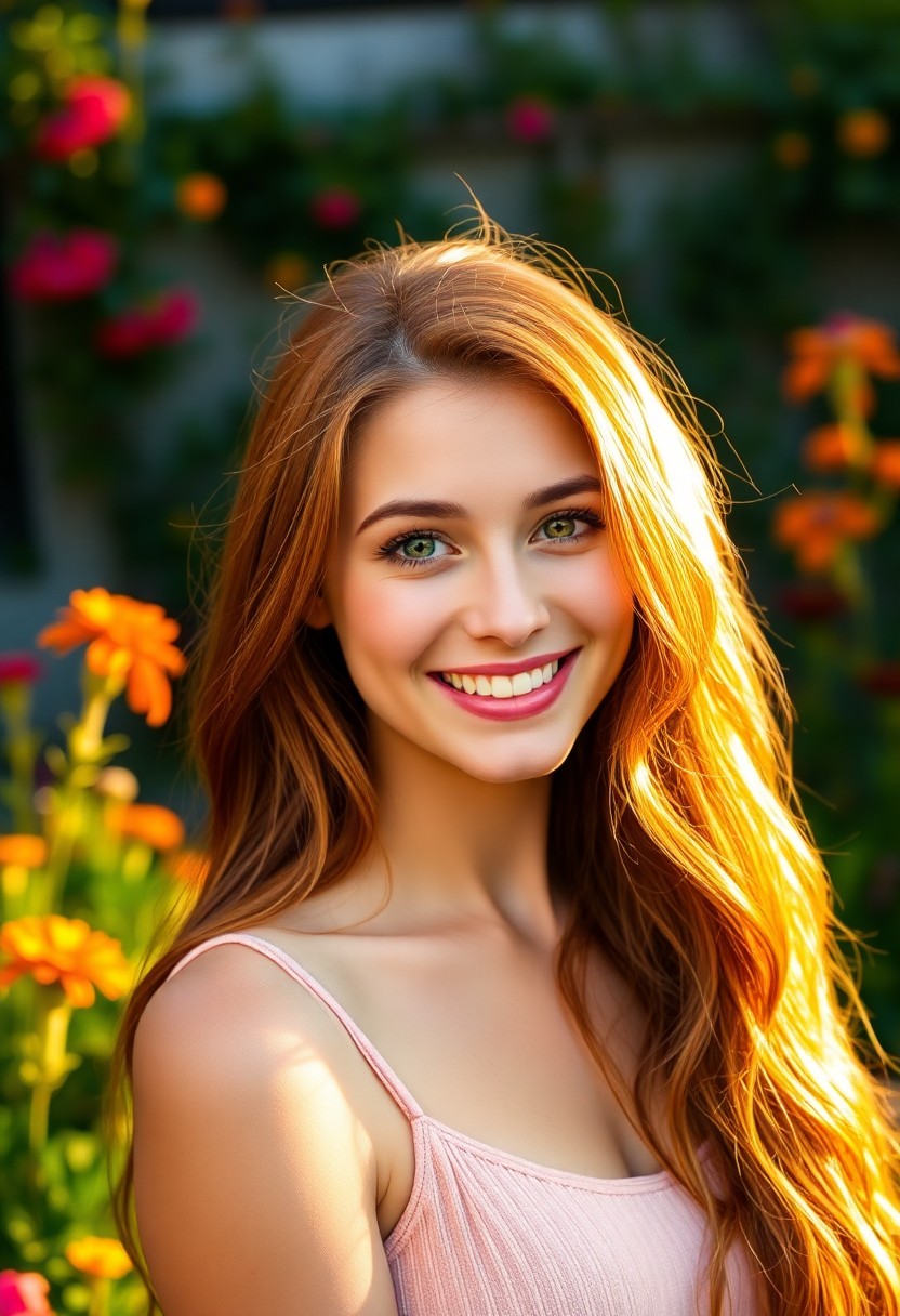 AI generated art for prompt: A radiant young woman, her late twenties evident in her vibrant smile and warm hazel eyes, graces a 