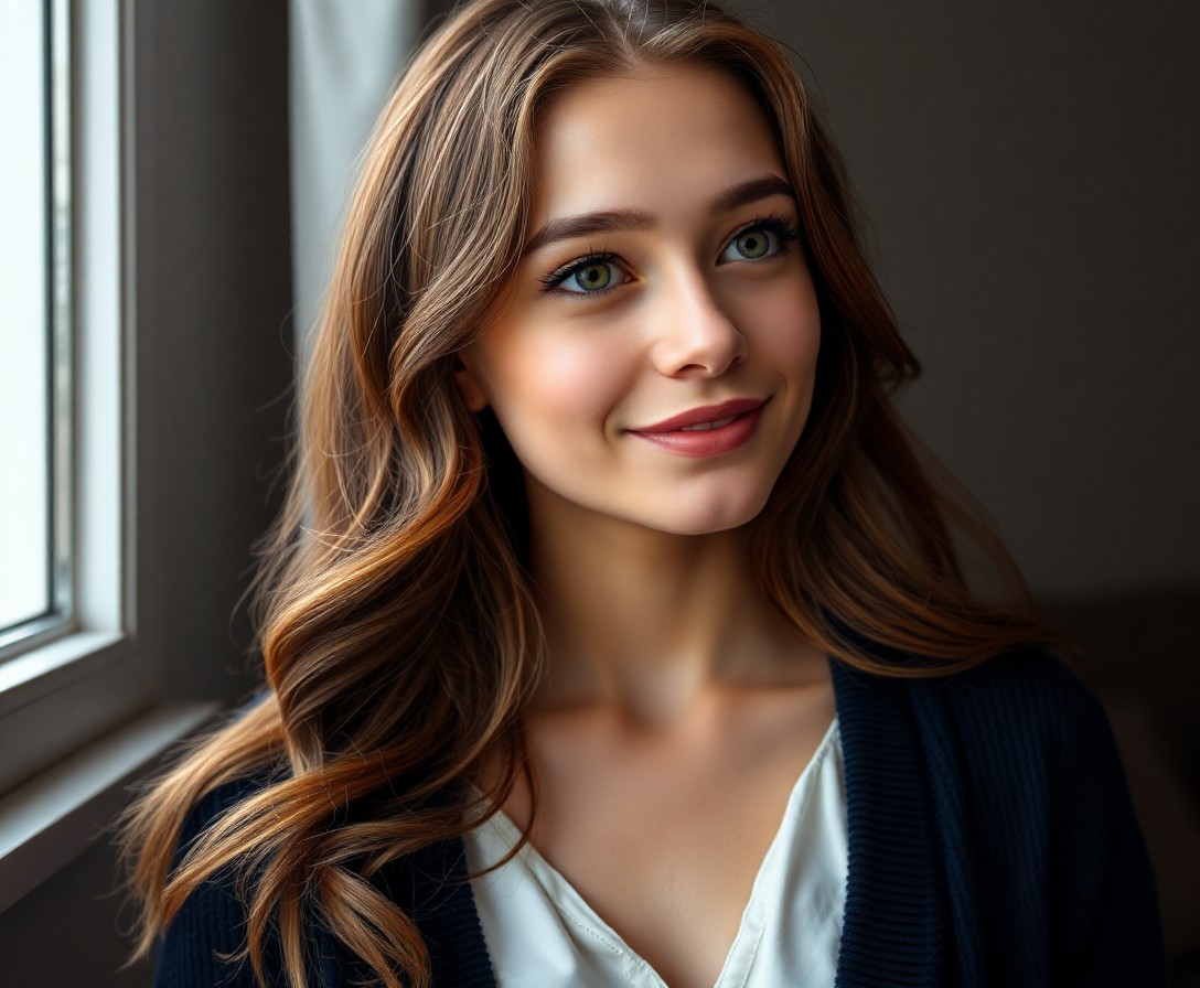 AI generated art for prompt: A photorealistic portrait photograph captures a young woman in her mid-20s, revealing captivating fe