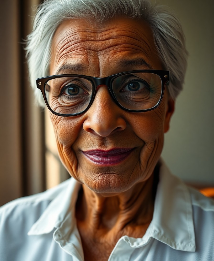 AI generated art for prompt: A mirrorless camera captures a portrait of an older woman with warm olive skin, her face adorned wit