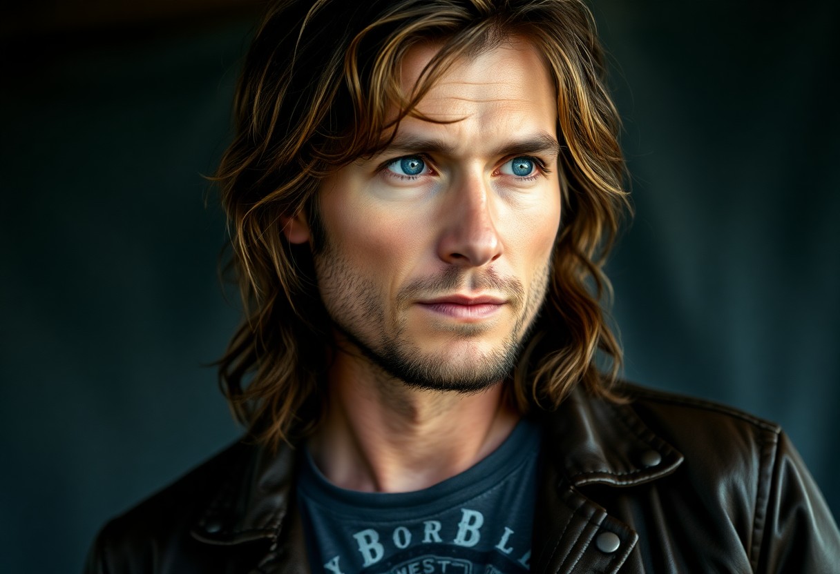 AI generated art for prompt: A charismatic 40-year-old musician with piercing blue eyes and sun-kissed skin stands out in a portr