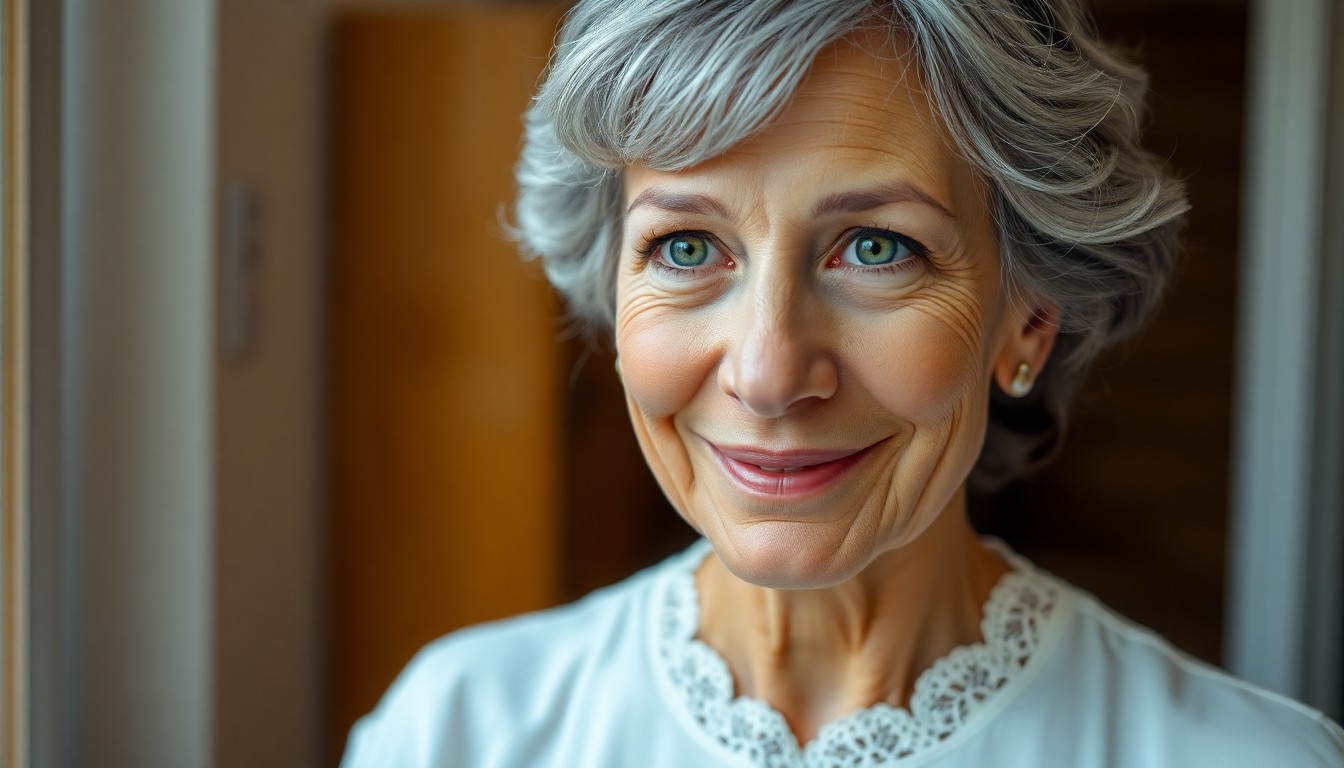 AI generated art for prompt: A DSLR captures a portrait of a middle-aged woman with short, wavy grey hair framing her face and de