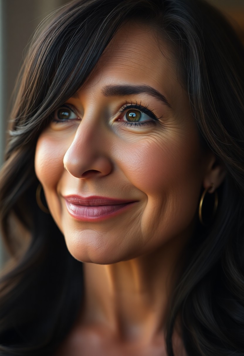 AI generated art for prompt: A photorealistic portrait showcases a middle-aged woman with warm honey-toned skin and expressive da