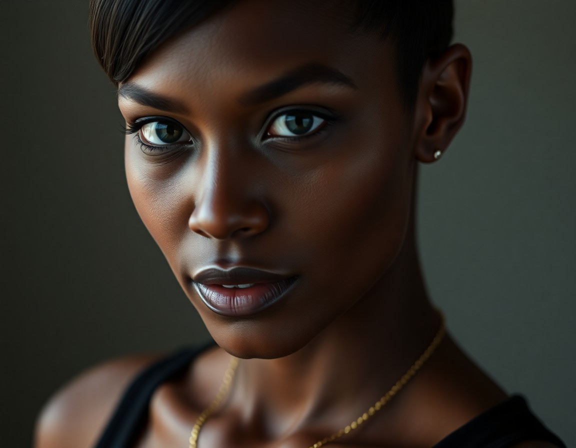 AI generated art for prompt: Create a photorealistic portrait of a 35-year-old woman with deep, dark skin and closely cropped hai