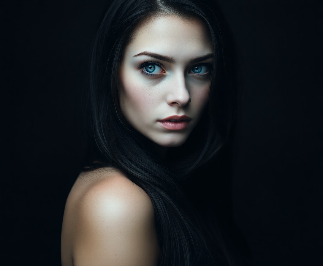 AI generated art for prompt: Hauntingly beautiful, a woman with piercing blue eyes and porcelain skin stands out against a dark, 