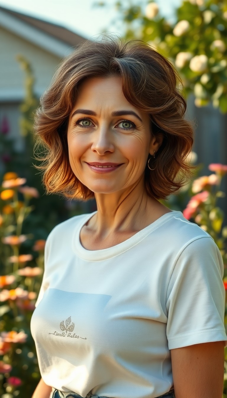 AI generated art for prompt: Craft a photorealistic digital portrait showcasing a middle-aged woman with short, wavy brown hair f