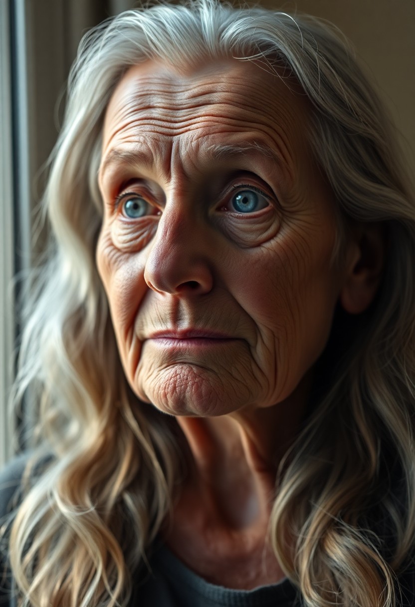 AI generated art for prompt: A photorealistic portrait photograph showcases an older woman's intricate features, her kind face ad