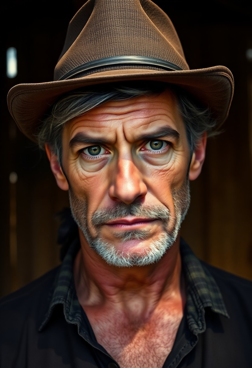 AI generated art for prompt: A captivating photorealistic portrait depicts a middle-aged man with rugged features and graying hai