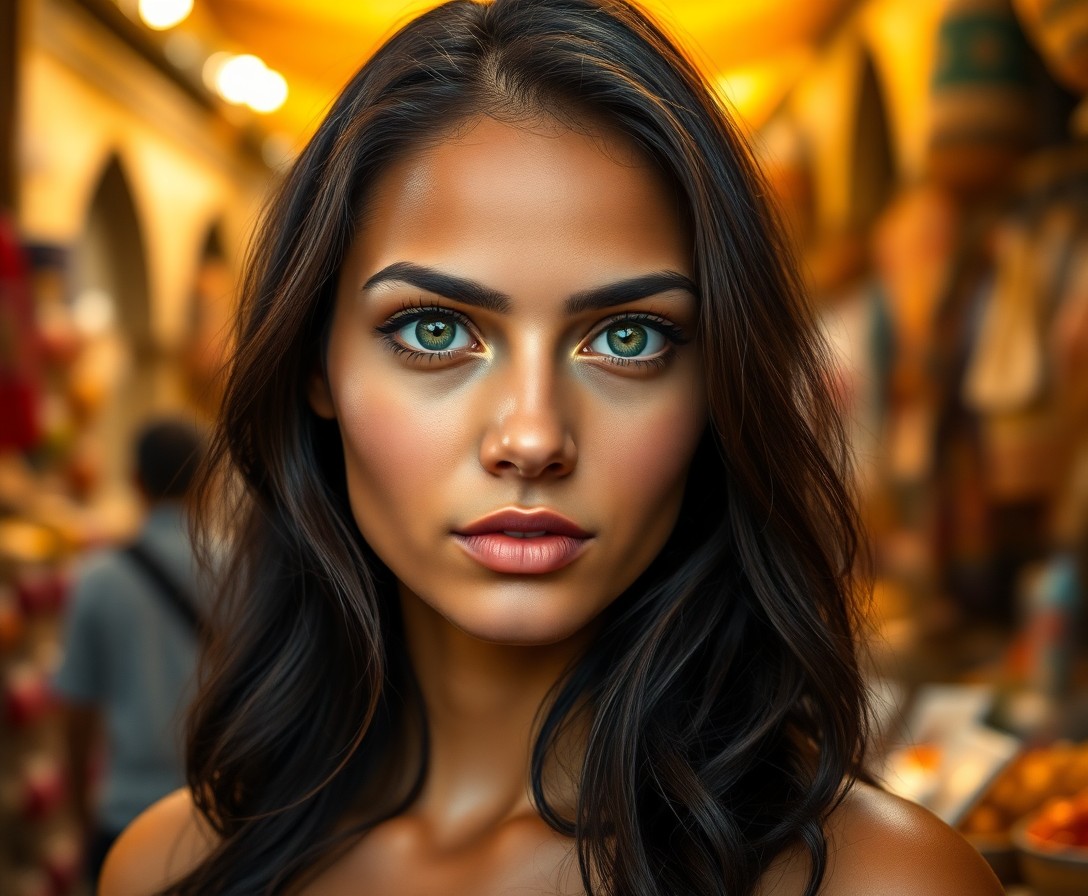 AI generated art for prompt: A captivating photorealistic portrait of a young woman with radiant olive skin, high cheekbones, and