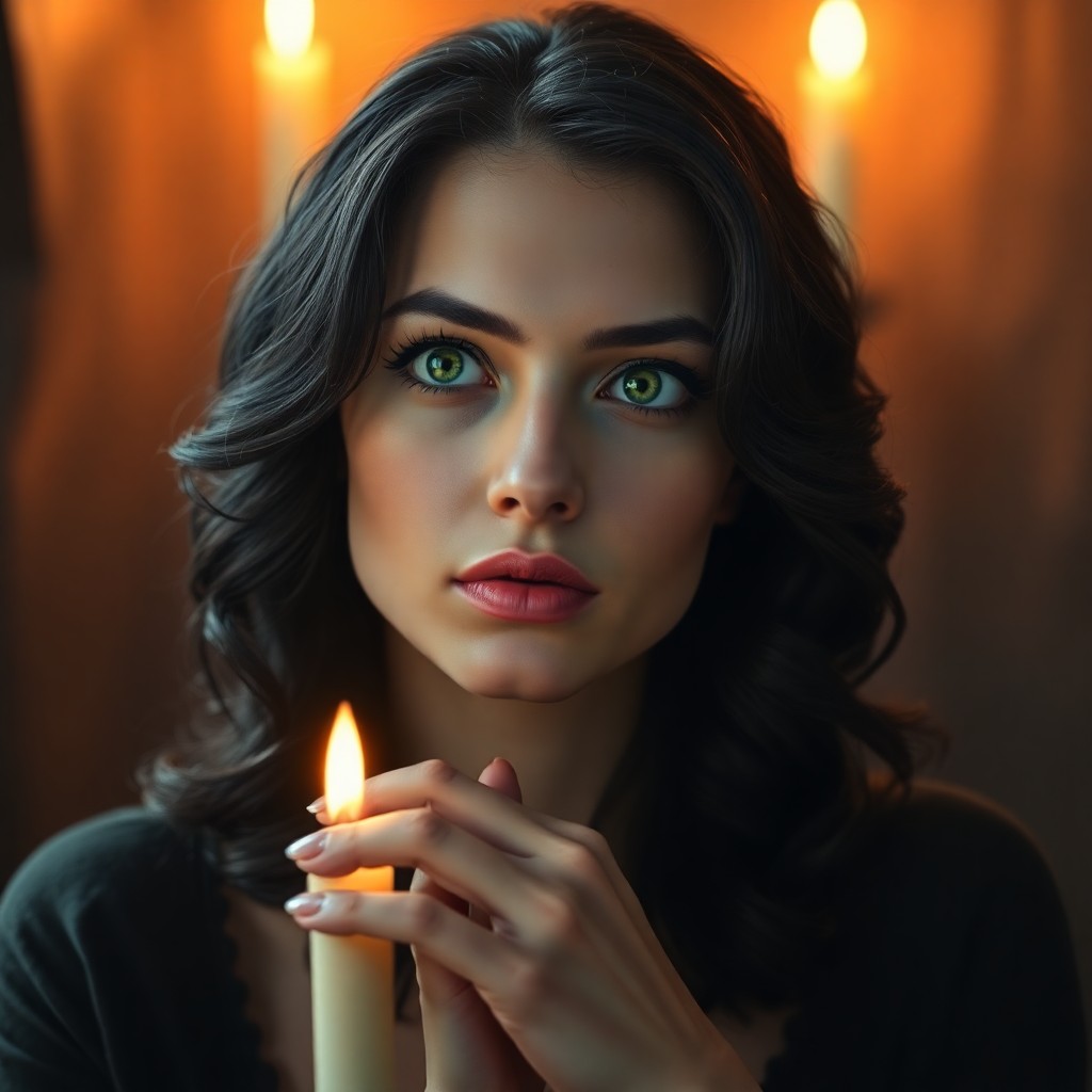 AI generated art for prompt: Craft a photorealistic digital portrait of Astra, an enigmatic seer bathed in warm candlelight. Her 