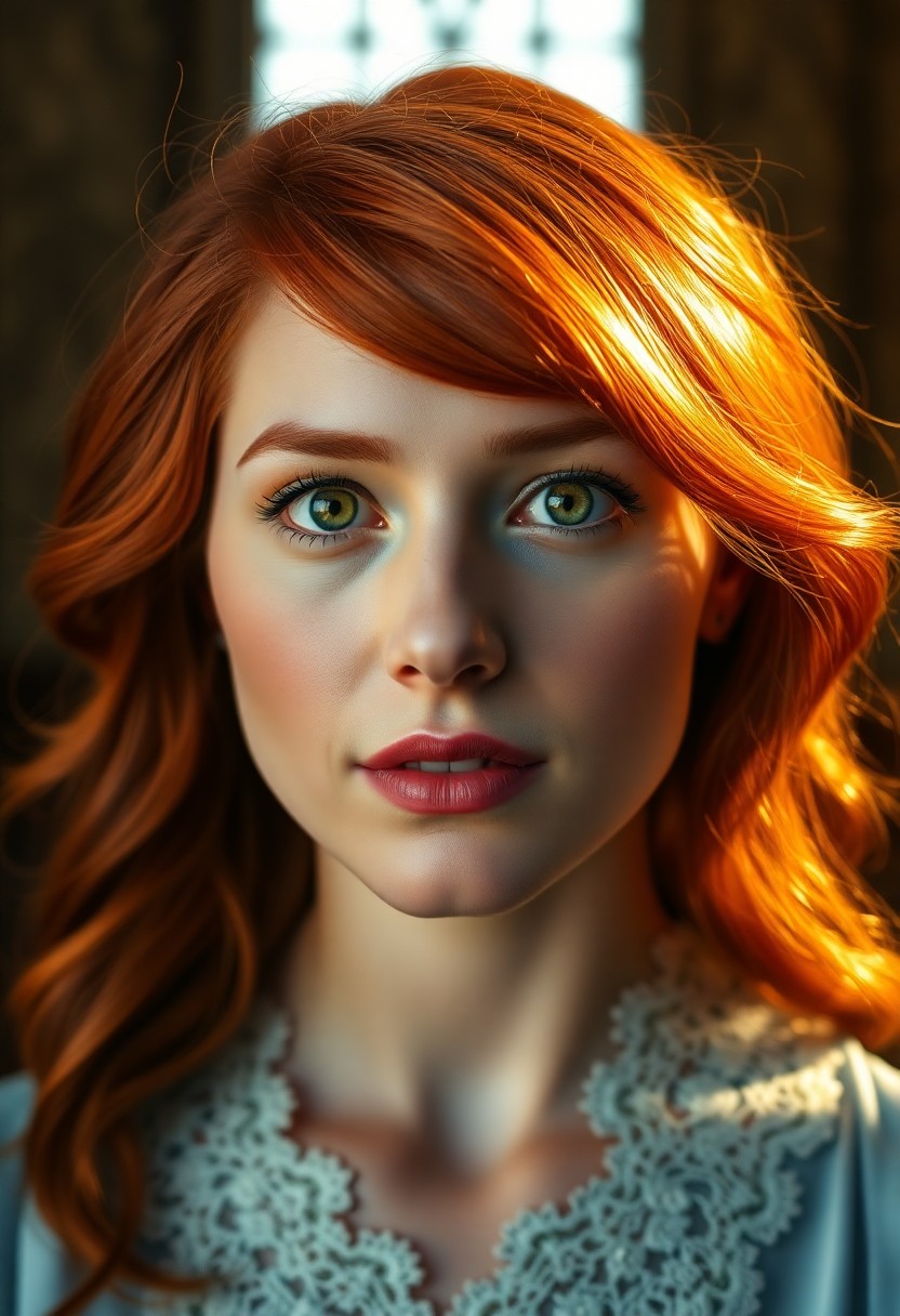 AI generated art for prompt: A captivating close-up portrait showcases an enigmatic woman with porcelain skin and vibrant red hai