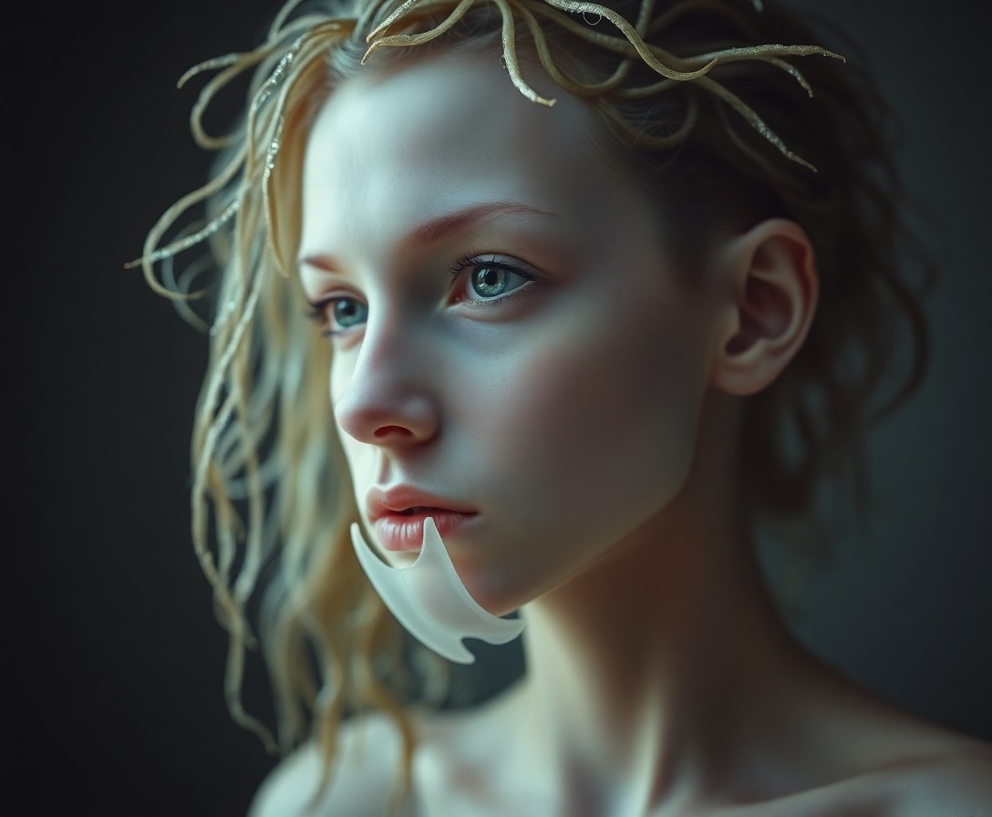 AI generated art for prompt: A surrealist portrait captures an enigmatic figure with a unique blend of human and aquatic features