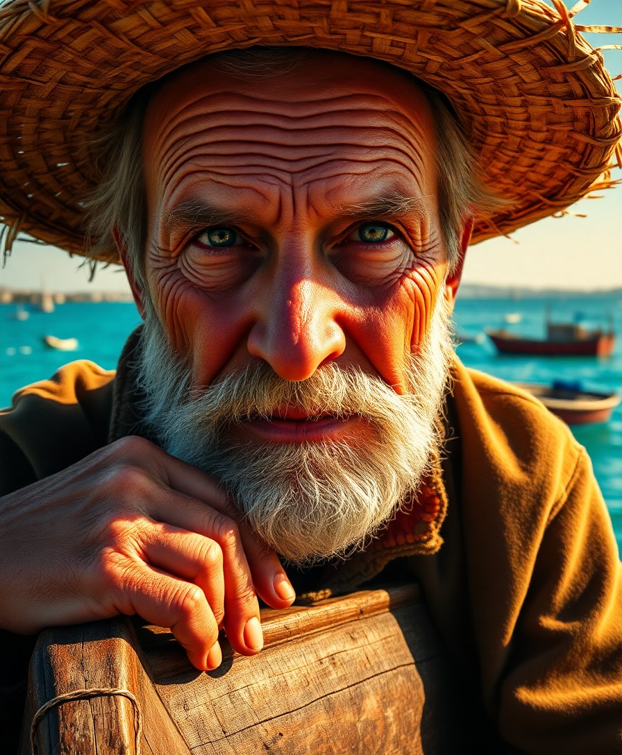 AI generated art for prompt: A photorealistic portrait photograph depicts an aged fisherman with sun-kissed creases on his face, 