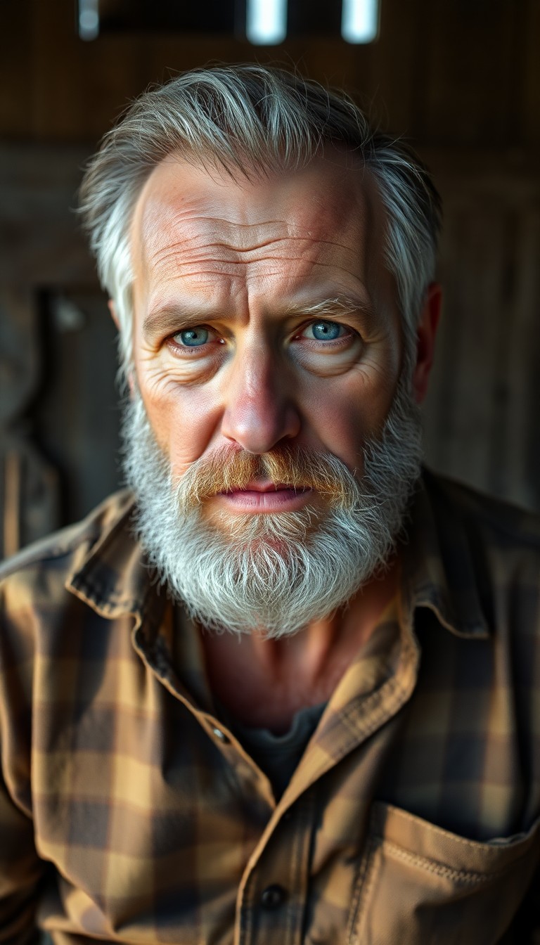 AI generated art for prompt: A weathered middle-aged man with piercing blue eyes and a well-groomed salt-and-pepper beard exudes 