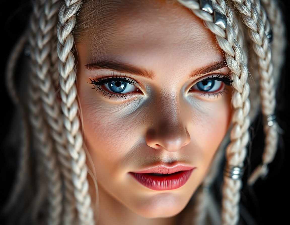 AI generated art for prompt: A captivating portrait photograph reveals an enigmatic artist's essence through her striking violet 