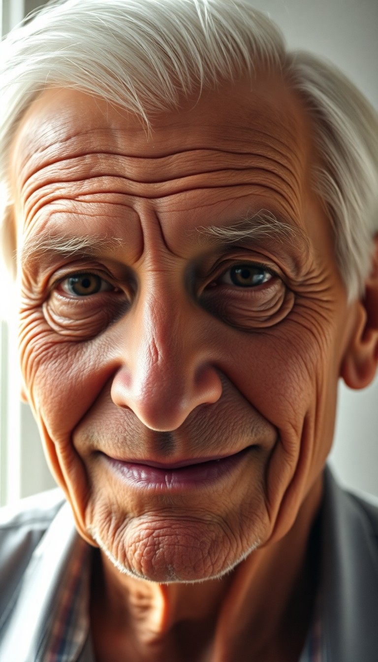 AI generated art for prompt: An older gentleman's portrait showcases deep wrinkles and warm brown eyes, his skin bearing signs of