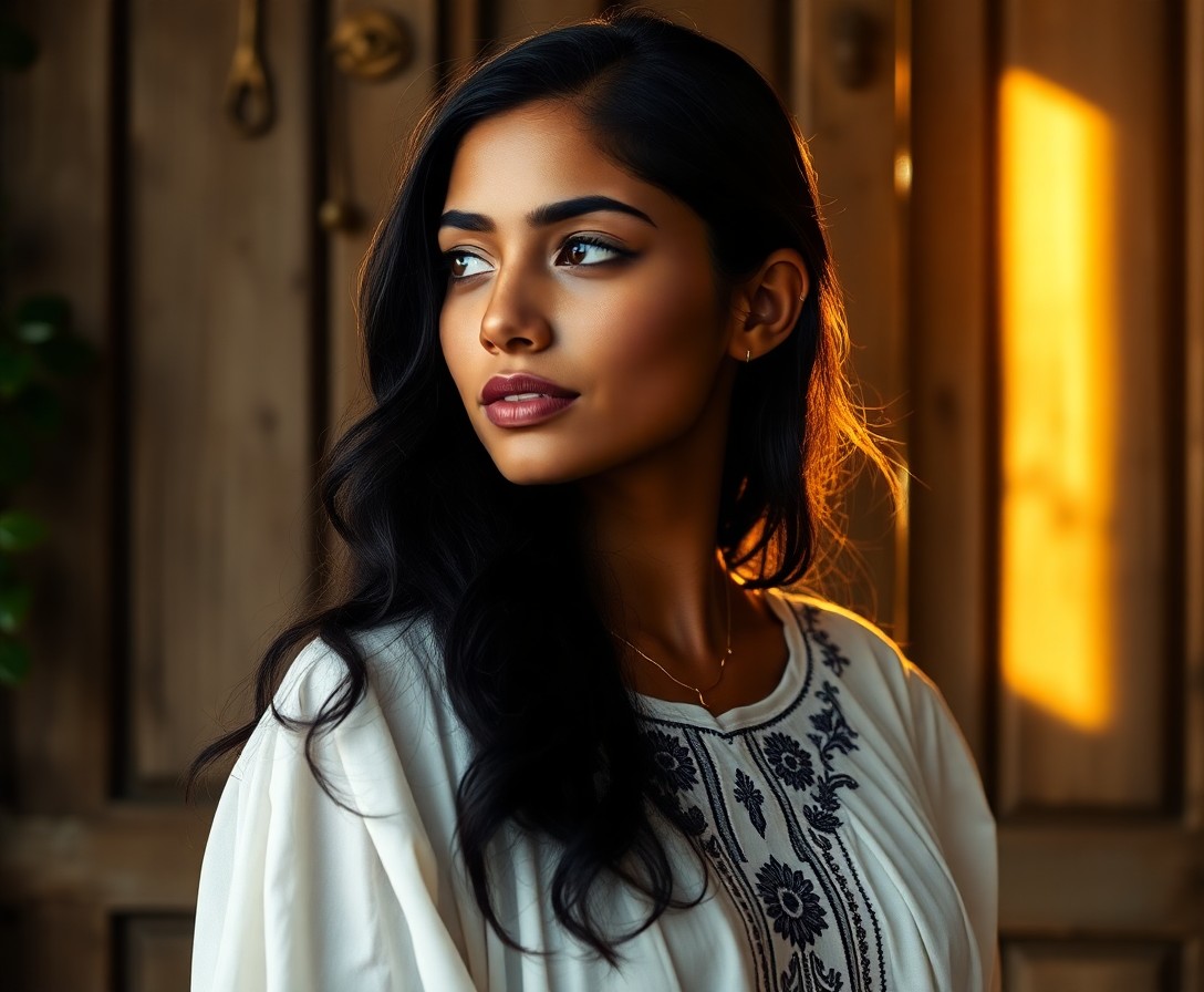 AI generated art for prompt: A young woman with olive skin and dark brown eyes gazes thoughtfully into the distance, her long, wa