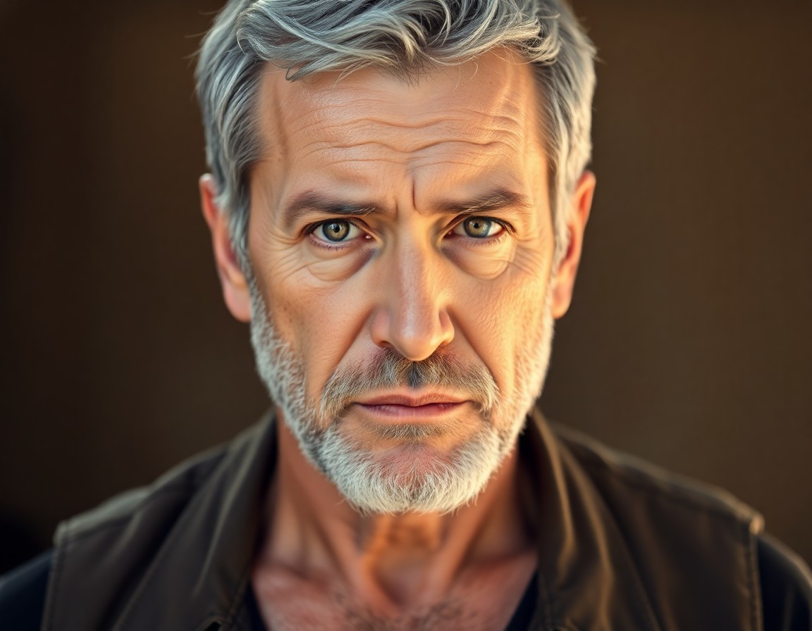 AI generated art for prompt: A middle-aged man with a rugged, weathered face and deep-set eyes exuding wisdom and resilience. His
