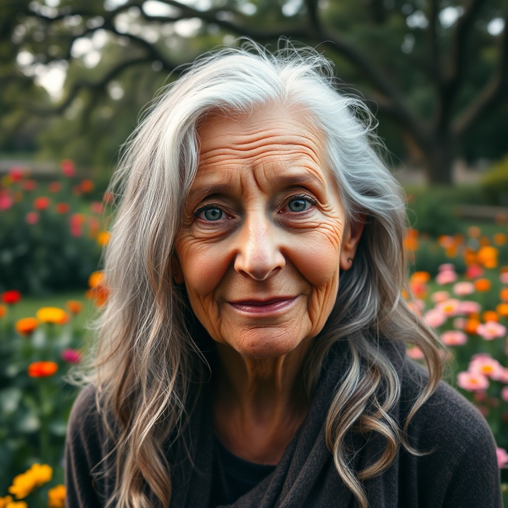 AI generated art for prompt: A portrait photograph showcases an elderly woman with warm, weathered skin and piercing green eyes, 