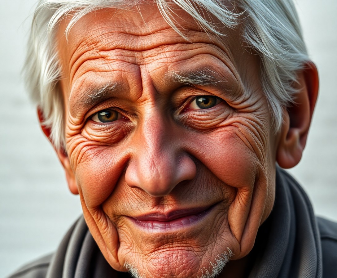 AI generated art for prompt: A photorealistic portrait photograph captures an elderly man's essence, his weathered skin and deep 