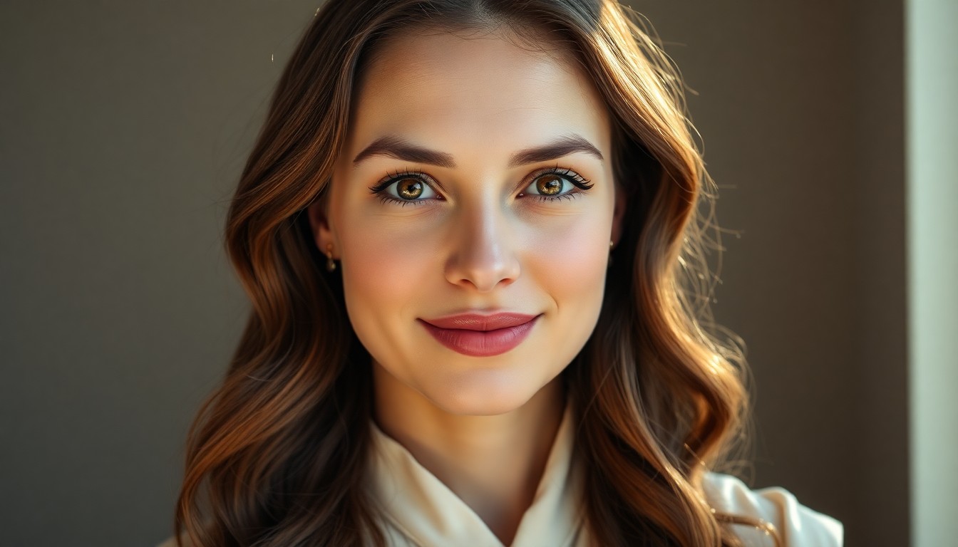 AI generated art for prompt: Craft a photorealistic portrait of a 35-year-old woman with long, wavy chestnut brown locks and warm