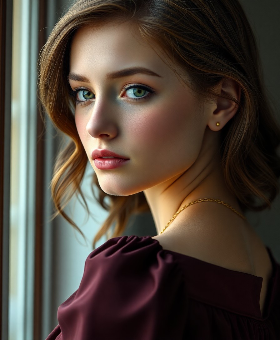 AI generated art for prompt: A photorealistic portrait photograph showcases a youthful woman in her early twenties with porcelain