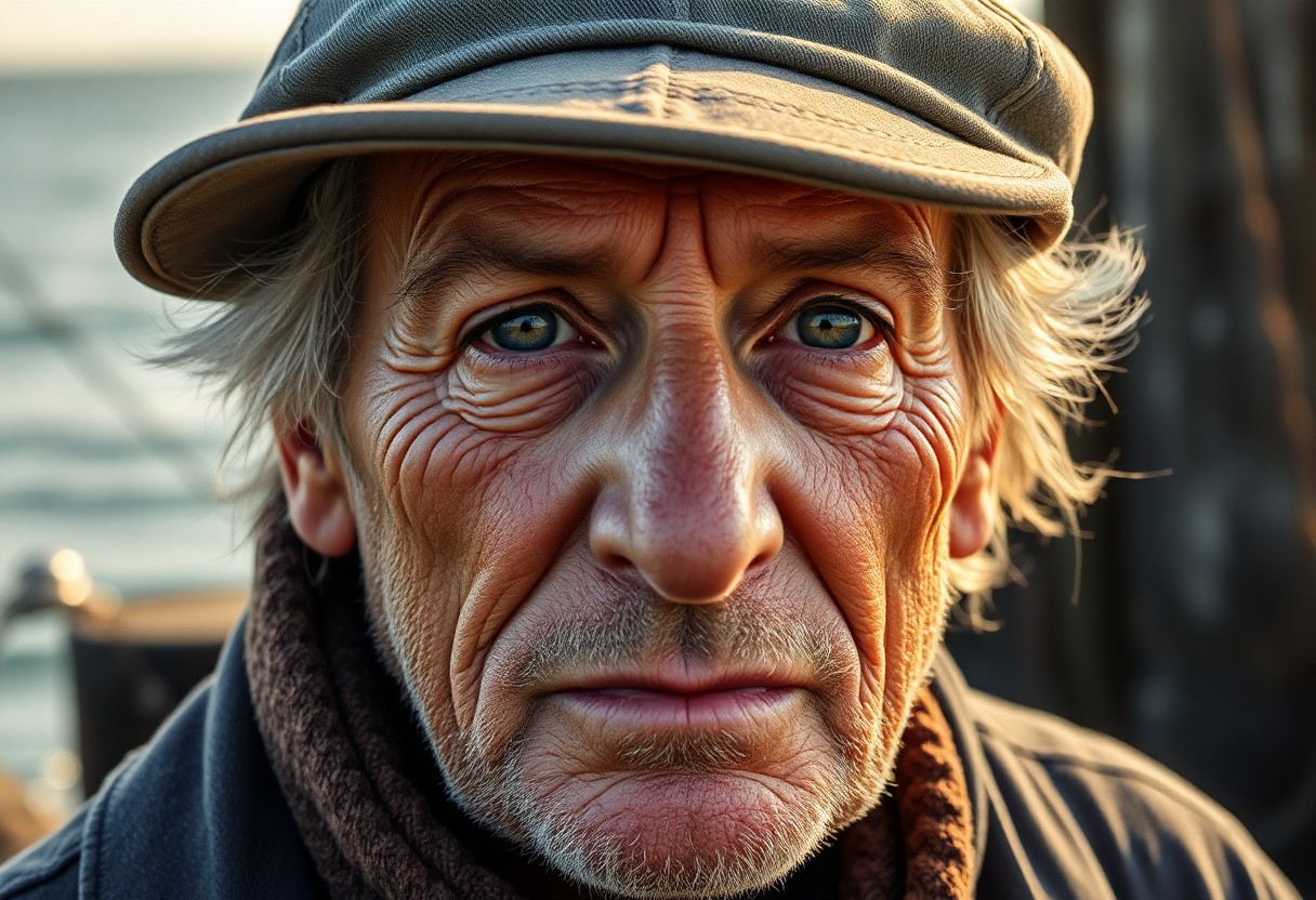 AI generated art for prompt: A photorealistic portrait captures a weathered fisherman's lined visage, etched with wisdom and resi